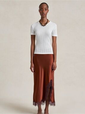 La Ligne Demi Skirt S Rust Burgundy 100% Silk Chantilly Lace Midi Slip Skirt